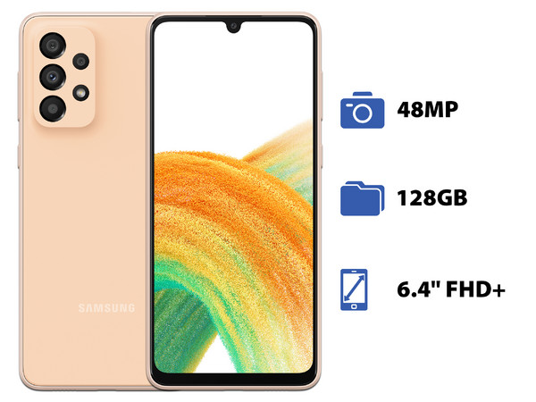 Smartphone Samsung Galaxy A33:
Procesador Octa Core (hasta 2.4 GHz),
Memoria RAM de 6GB, Almacenamiento de 128GB,
Pantalla Super AMOLED de 6.4