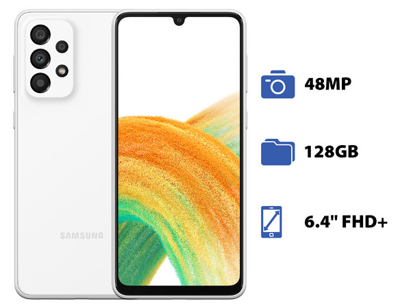 Smartphone Samsung Galaxy A33:
Procesador Octa Core (hasta 2.40 GHz),
Memoria RAM de 6GB, Almacenamiento de 128GB,
Pantalla Super AMOLED de 6.4