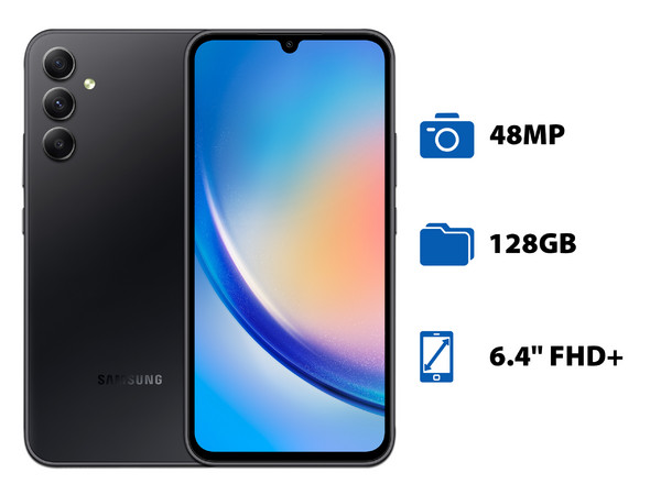 Smartphone Samsung Galaxy A34:
Procesador Octa-Core (hasta 2.6 GHz),
Memoria RAM de 6GB,
Almacenamiento de 128GB,
Pantalla LED Multi Touch de 6.4