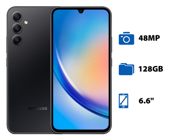Smartphone Samsung Galaxy A34 5G:
Procesador Octa-Core (hasta 2.6 GHz),
Memoria RAM de 6GB, Almacenamiento de 128GB,
Pantalla Super AMOLED de 6.6