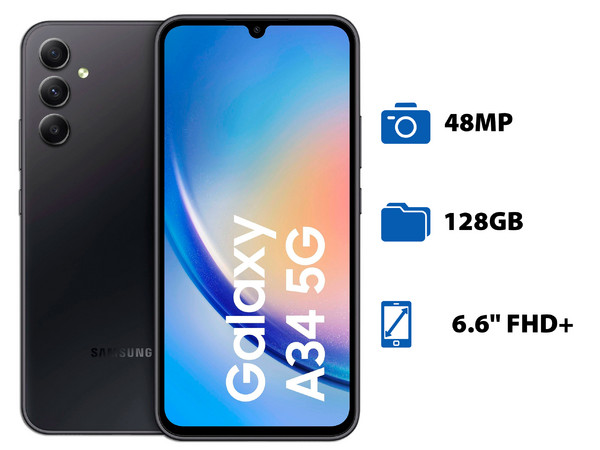 Smartphone Samsung Galaxy A34 5G:
Procesador Octa Core (hasta 2.6 GHz),
Memoria RAM de 6GB,
Almacenamiento de 128GB,
Pantalla Super AMOLED de 6.6