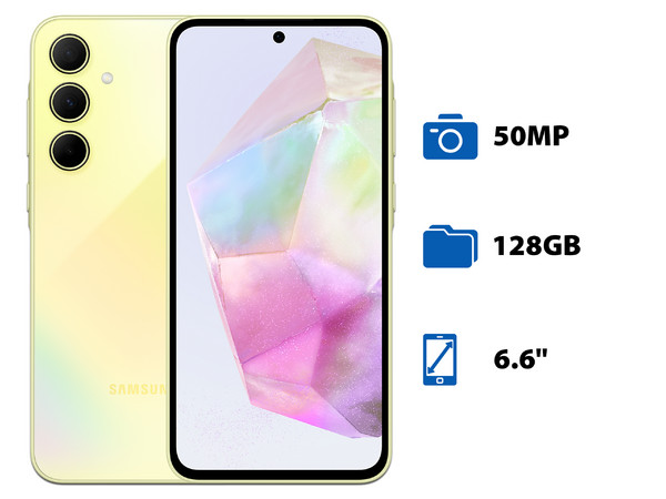 Smartphone Samsung Galaxy A35 5G:
Procesador Octa Core (hasta 2.4 GHz),
Memoria RAM de 8GB, Almacenamiento de 128GB,
Pantalla Super AMOLED de 6.6