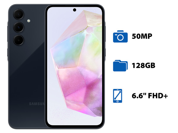 Smartphone Samsung Galaxy A35 5G:
Procesador Octa core (hasta 2.4 GHz),
Memoria RAM de 8GB, Almacenamiento 128GB,
Pantalla Super AMOLED de 6.6