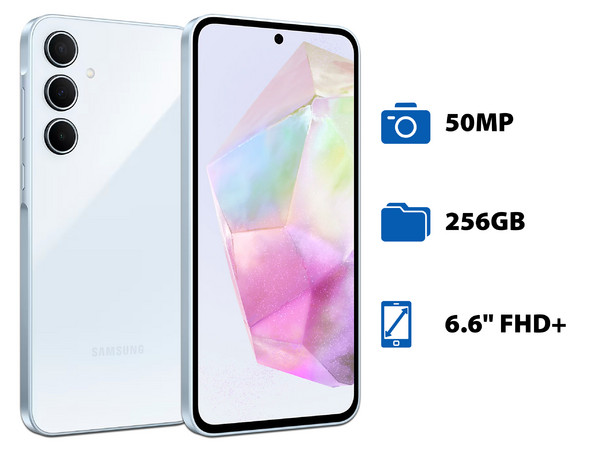 Smartphone Samsung Galaxy A35 5G:
Procesador Octa core (hasta 2.4 GHz),
Memoria RAM de 8GB, Almacenamiento 256GB,
Pantalla Super AMOLED de 6.6