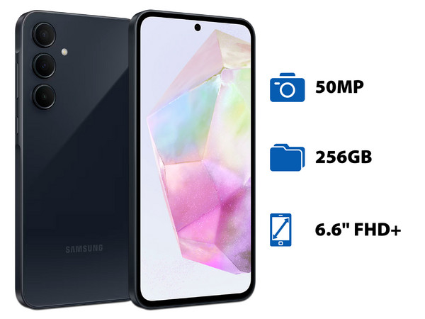 Smartphone Samsung Galaxy A35 5G:
Procesador Octa core (hasta 2.4 GHz),
Memoria RAM de 8GB, Almacenamiento 256GB,
Pantalla Super AMOLED de 6.6