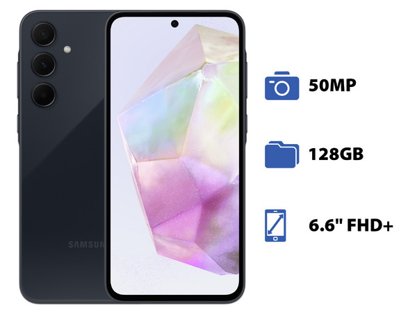 Smartphone Samsung Galaxy A35 5G:
Procesador Octa Core (2.4 GHz),
Memoria RAM de 8GB, Almacenamiento de 128GB,
Pantalla Super AMOLED de 6.6