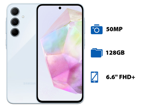 Smartphone Samsung Galaxy A35 5G:
Procesador Octa Core (2.4 GHz),
Memoria RAM de 8GB, Almacenamiento de 128GB,
Pantalla Super AMOLED de 6.6