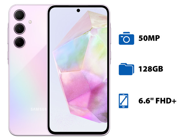 Smartphone Samsung Galaxy A35 5G:
Procesador Octa Core (hasta 2.4 GHz),
Memoria de 6GB,
Almacenamiento de 128GB,
Pantalla AMOLED Multi-Touch de 6.6