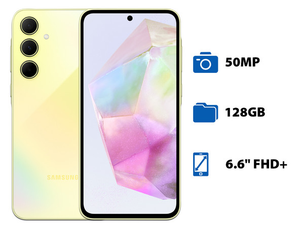 Smartphone Samsung Galaxy A35 5G:
Procesador Octa Core (hasta 2.4 GHz),
Memoria de 6GB,
Almacenamiento de 128GB,
Pantalla AMOLED Multi-Touch de 6.6