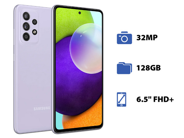 Smartphone Samsung Galaxy A52:
Procesador Octa Core (hasta 2.3 GHz),
Memoria RAM de 6GB, Almacenamiento de 128GB,
Pantalla Super AMOLED de 6.5