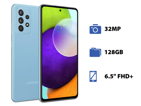 Smartphone Samsung Galaxy A52:
Procesador Octa Core (hasta 2.3 GHz),
Memoria RAM de 6GB, Almacenamiento de 128GB,
Pantalla Super AMOLED de 6.5