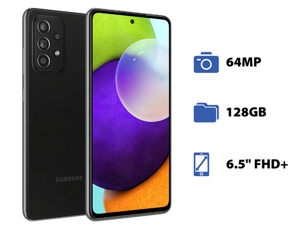 Smartphone Samsung Galaxy A52:
Procesador Snapdragon 720G (hasta 2.3 GHz),
Memoria RAM de 6GB, Almacenamiento de 128GB,
Pantalla Super AMOLED Multi Touch de 6.3