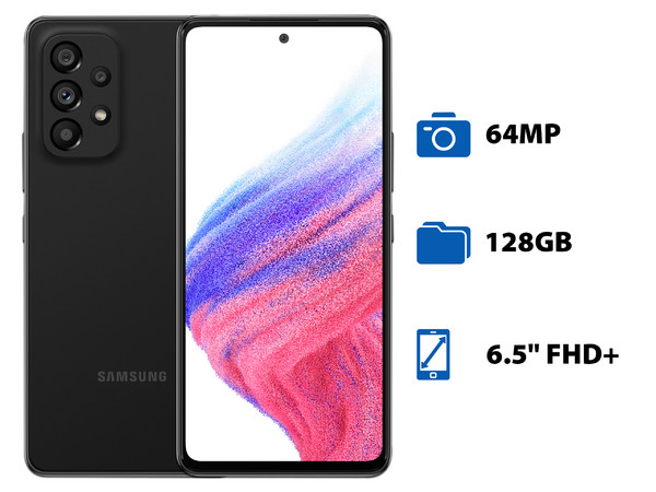 Smartphone Samsung Galaxy A53:
Procesador Exynos 1280 (hasta 2.4 GHz),
Memoria RAM de 8GB, Almacenamiento de 128GB,
Pantalla Super AMOLED de 6.5 FHD+,
Bluetooth 5.0, Wi-Fi 5, 5G,
Cámara Principal de 64MP,
Android 12. Color Negro.