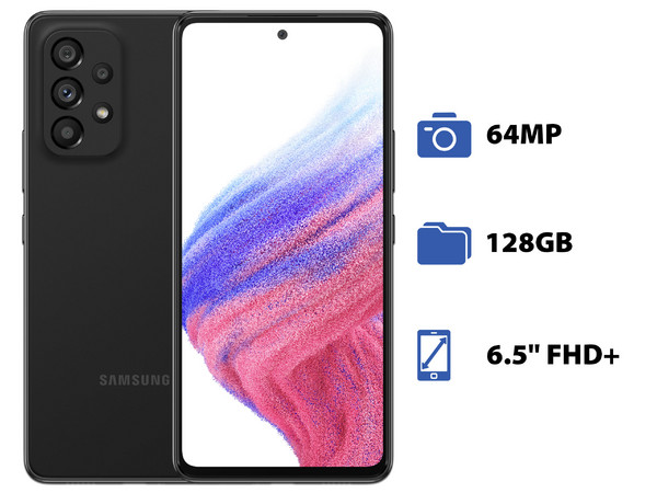 Smartphone Samsung Galaxy A53:
Procesador Exynos 1280 (hasta 2.4GHz),
Memoria RAM de 8GB, Almacenamiento de 128GB,
Pantalla Super AMOLED de 6.5