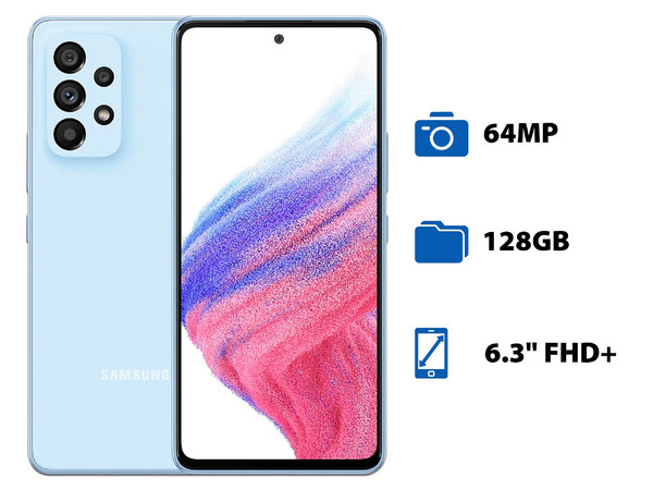 Smartphone Samsung Galaxy A53 5G:
Procesador Exynos 1280,
Memoria RAM de 8GB, Almacenamiento de 128GB,
Pantalla Super AMOLED de 6.3