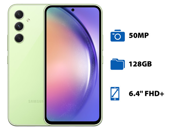 Smartphone Samsung Galaxy A54 5G:
Procesador Octa Core (hasta 2.0 GHz),
Memoria RAM de 8GB, Almacenamiento de 128GB,
Pantalla Super AMOLED de 6.4