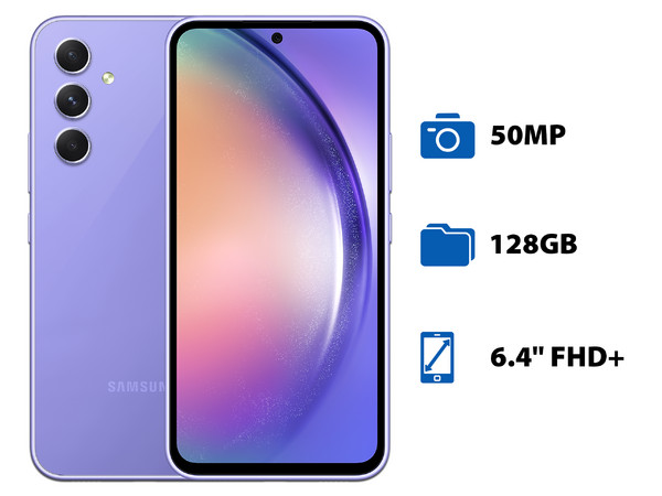 Smartphone Samsung Galaxy A54 5G:
Procesador Octa Core (hasta 2.4 GHz),
Memoria RAM de 8GB,
Almacenamiento de 128GB,
Pantalla Súper AMOLED de 6.4