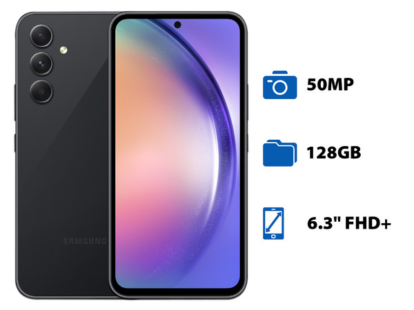 Smartphone Samsung Galaxy A54 5G:
Procesador Octa-Core (hasta 2.4 GHz),
Memoria RAM de 8GB,
Almacenamiento de 128GB,
Pantalla Super AMOLED de 6.4