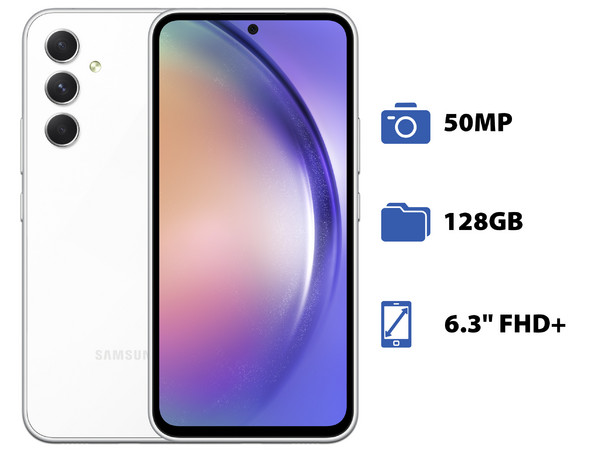 Smartphone Samsung Galaxy A54 5G:
Procesador Octa Core (hasta 2.0 GHz),
Memoria RAM de 8GB, Almacenamiento de 128GB,
Pantalla Super AMOLED de 6.3