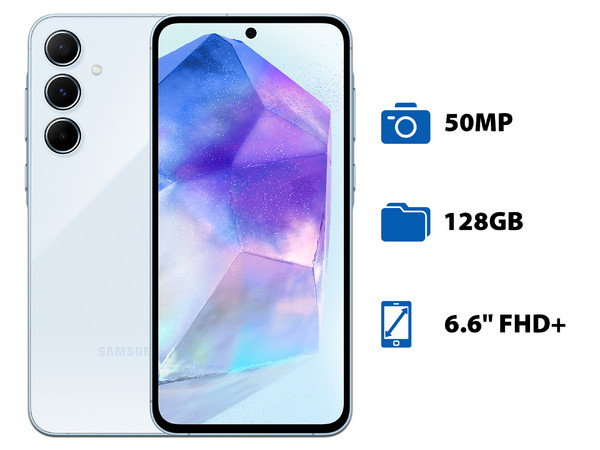 Smartphone Samsung Galaxy A55 5G:
Procesador Octa-Core (hasta 2.75 GHz),
Memoria RAM de 8GB,
Almacenamiento de 128GB,
Pantalla Super AMOLED Multi-Touch de 6.6