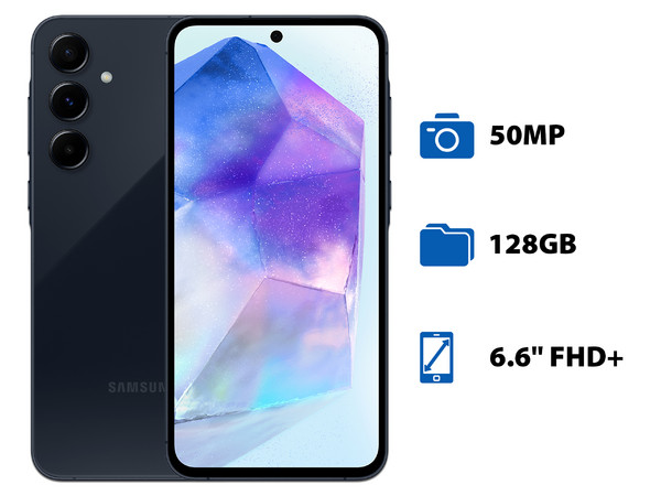 Smartphone Samsung Galaxy A55 5G:
Procesador Octa-Core (hasta 2.75 GHz),
Memoria RAM de 8GB,
Almacenamiento de 128GB,
Pantalla Super AMOLED de 6.6