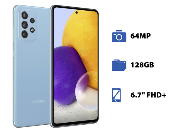 Smartphone Samsung Galaxy A72:
Procesador Octa Core (hasta 2.3 GHz),
Memoria RAM de 6GB, Almacenamiento de 128GB,
Pantalla LED Multi Touch de 6.7