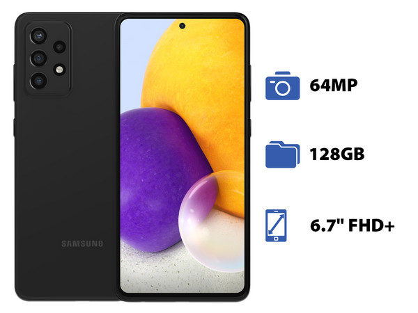 Smartphone Samsung Galaxy A72:
Procesador Octa Core (hasta 2.3 GHz),
Memoria RAM de 6GB, Almacenamiento de 128GB,
Pantalla LED Multi Touch de 6.7