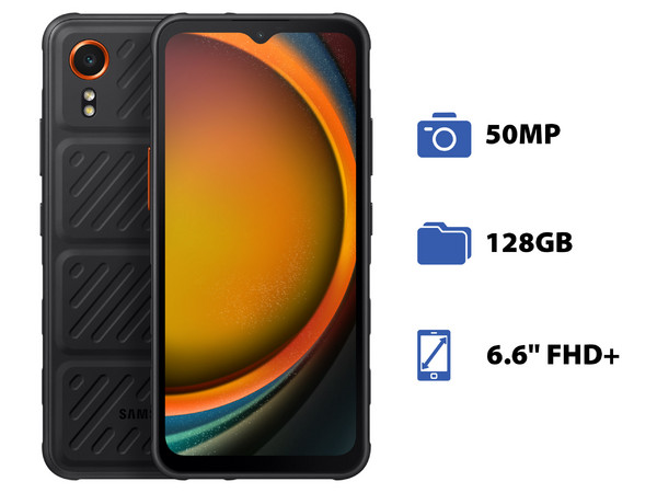 Smartphone Samsung Galaxy XCover7:
Procesador Dimensity 6100+ (hasta 2.2 GHz),
Memoria RAM de 6GB, Almacenamiento de 128GB,
Pantalla LED Multi Touch de 6.6
