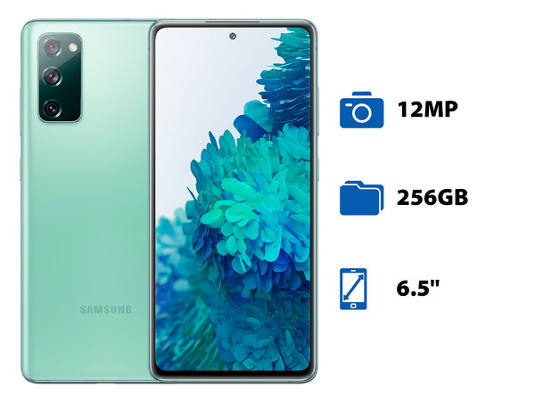 Smartphone Samsung Galaxy S20 FE:
Procesador Exynos 990 Octa Core (hasta 2.73 GHz),
Memoria RAM de 8GB, Almacenamiento de 256GB,
Pantalla LED Multi Touch de 6.5