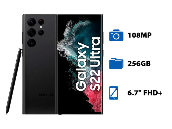 Smartphone Samsung Galaxy S22 Ultra:
Procesador Octa-Core (hasta 2.4 GHz),
Memoria RAM de 8GB, Almacenamiento de 256GB,
Pantalla Super AMOLED de 6.7