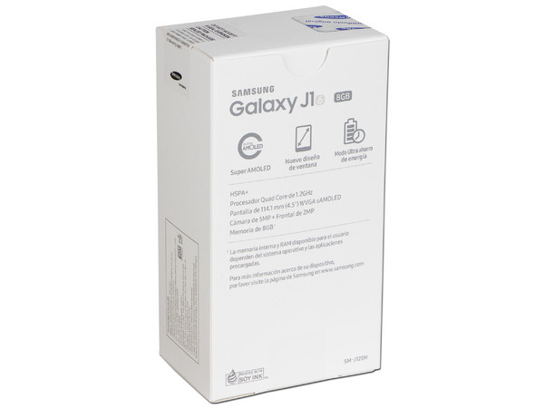Smartphone Samsung Galaxy J1:
Procesador Quad Core (1.2 GHz),
Memoria RAM de 1 GB, Almacenamiento de 8GB (expandible con microSD),
Pantalla 4.5