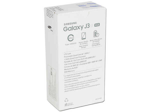Smartphone Samsung Galaxy J3:
Procesador Quad Core (1.5 GHz),
Memoria RAM de 1.5GB, Almacenamiento de 8GB (expandible con microSD),
Pantalla 5.0