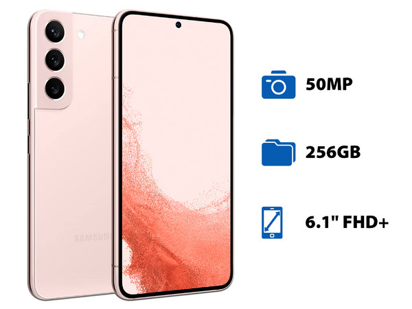 Smartphone Samsung Galaxy S22:
- Procesador Qualcomm SM8450 (hasta 2.90 GHz),
- Memoria RAM de 8GB, Almacenamiento de 256GB,
- Pantalla Dynamic AMOLED de 6.1