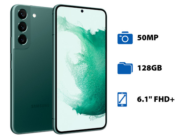Smartphone Samsung Galaxy S22:
Procesador Octa-Core (2.99 GHz) ,
Memoria RAM de 8GB, Almacenamiento de 128GB,
Pantalla Super AMOLED de 6.1