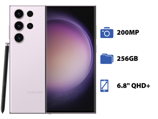 Smartphone Samsung Galaxy S23 Ultra 5G:
Procesador Snapdragon 8 Gen2 (hasta 3.0 GHz),
Memoria RAM de 12GB, Almacenamiento de 256GB,
Pantalla Super AMOLED de 6.8