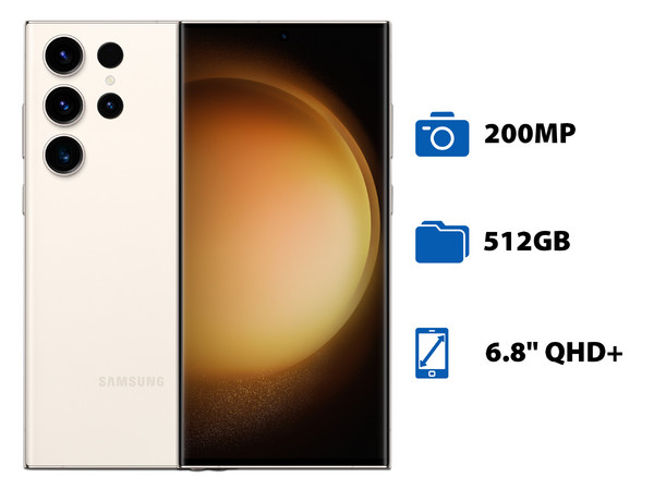 Smartphone Samsung S23 Ultra:
Procesador Snapdragon 8 Gen 2,
Memoria RAM de 12GB,
Almacenamiento de 512GB,
Pantalla AMOLED Multi-Touch de 6.8