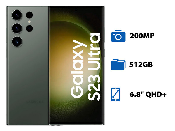 Smartphone Samsung Galaxy S23 Ultra 5G:
Procesador Snapdragon 8 Gen 2 (hasta 3.2Ghz),
Memoria RAM de 12GB, Almacenamiento de 512GB,
Pantalla Dynamic AMOLED 2X de 6.8