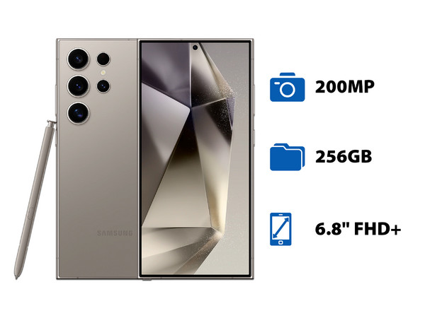 Smartphone Samsung Galaxy S24 Ultra:
Procesador Octa Core (hasta 3.3 GHz),
Memoria RAM de 12GB,
Almacenamiento de 256GB,
Pantalla AMOLED Multi-Touch de 6.8