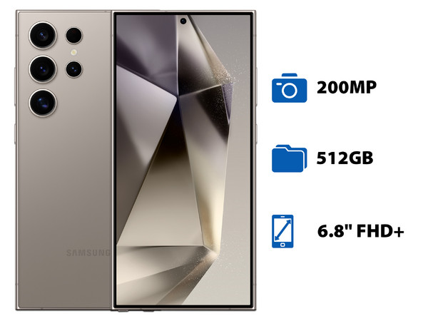 Smartphone Samsung Galaxy S24 Ultra:
Procesador Octa-Core (hasta 3.3 GHz),
Memoria RAM de 12GB,
Almacenamiento de 512GB,
Pantalla AMOLED Multi-Touch de 6.8