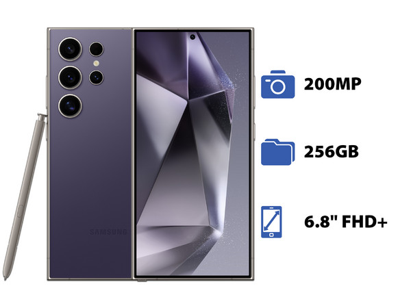 Smartphone Samsung Galaxy S24 Ultra:
Procesador Octa-Core (hasta 3.3 GHz),
Memoria RAM de 12GB,
Almacenamiento de 256GB,
Pantalla AMOLED Multi-Touch de 6.8