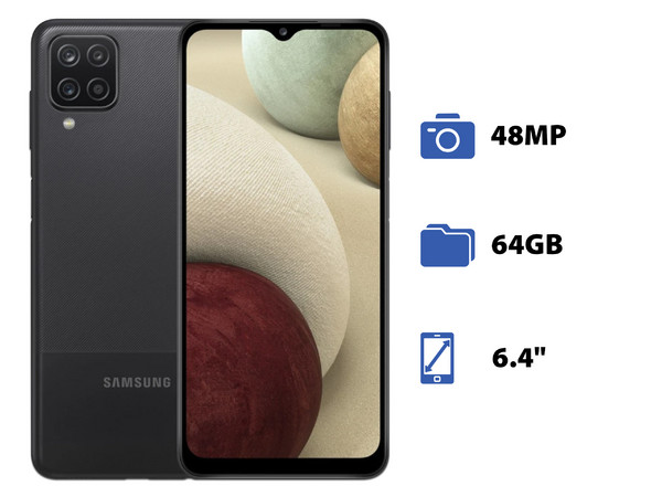 Smartphone Samsung Galaxy A12:
Procesador Octa-Core (hasta 2.3 GHz),
Memoria RAM de 4GB, Almacenamiento de 64GB,
Pantalla LED Multi Touch de 6.4