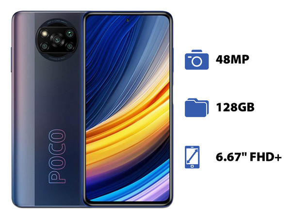 Smartphone Xiaomi Poco X3 Pro:
Procesador Snapdragon 860 Octa Core (hasta 2.96 GHz),
Memoria RAM de 6GB, Almacenamiento de 128GB,
Pantalla LED Multi Touch de 6.67