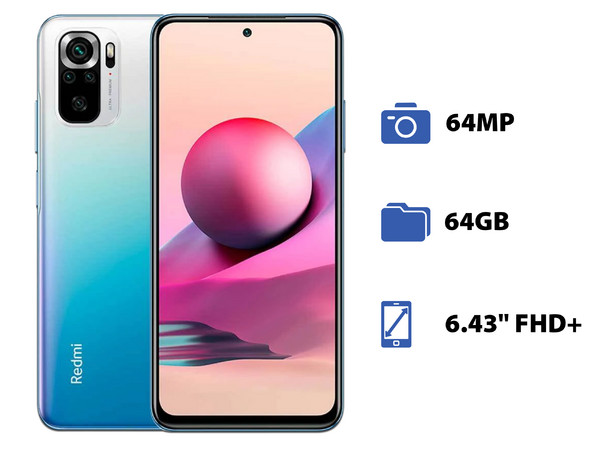 Smartphone Xiaomi Redmi Note 10S:
Procesador Mediatek Helio G95 (hasta 2.05 GHz),
Memoria RAM de 6GB, Almacenamiento de 64GB,
Pantalla AMOLED de 6.43