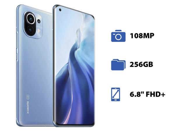 Smartphone Xiaomi Mi 11:
Procesador Snapdragon 888 (hasta 2.84 GHz),
Memoria RAM de 8GB, Almacenamiento de 256GB,
Pantalla AMOLED de 6.8
