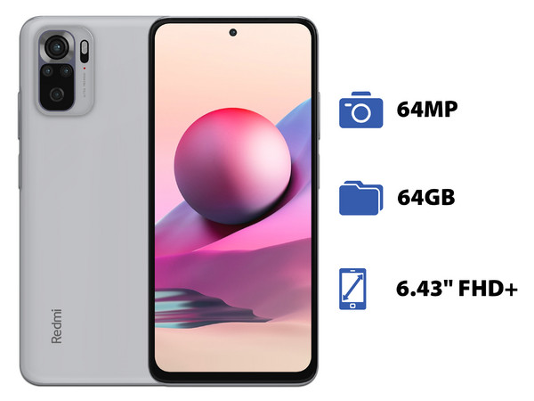 Smartphone Xiaomi Redmi Note 10S:
Procesador Mediatek Helio G95 (hasta 2.05 GHz),
Memoria RAM de 6GB, Almacenamiento de 64GB,
Pantalla AMOLED de 6.43