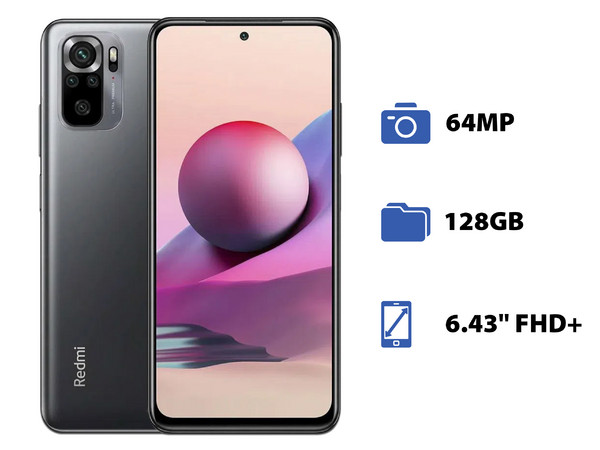 Smartphone Xiaomi Redmi Note 10S:
Procesador Mediatek Helio G95 (hasta 2.05 GHz),
Memoria RAM de 8GB, Almacenamiento de 128GB,
Pantalla AMOLED de 6.43