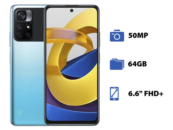 Smartphone Xiaomi Poco M4 Pro:
Procesador MediaTek Dimensity 810 (hasta 2.4GHz),
Memoria RAM de 4GB, Almacenamiento de 64GB,
Pantalla LED Multi Touch de 6.6 FHD+,
Bluetooth 5.0, Wi-Fi,
Cámara Principal de 50MP,
Android 11. Azul.
