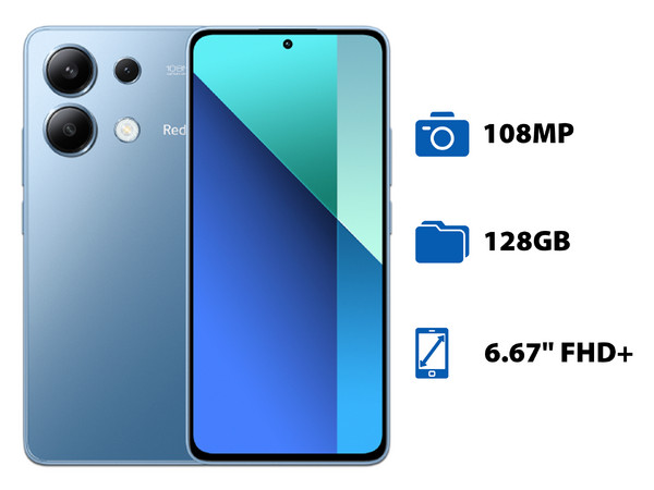 Smartphone Xiaomi Redmi Note 13:
Procesador Snapdragon 685 (hasta 2.8 GHz),
Memoria RAM de 6GB, Almacenamiento de 128GB,
Pantalla AMOLED de 6.67