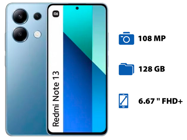 Smartphone Xiaomi Redmi Note 13:
Procesador Snapdragon 685 (hasta 2.8 GHz),
Memoria RAM de 6GB, Almacenamiento de 128GB,
Pantalla AMOLED de 6.67