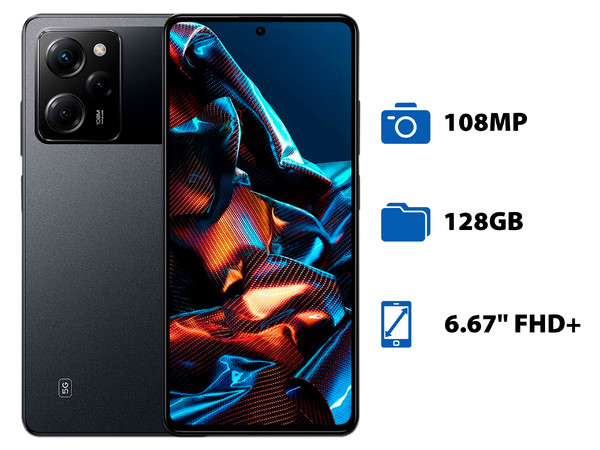 Smartphone Xiaomi Poco X5 Pro 5G:
Procesador Snapdragon 778G (hasta 2.4 GHz),
Memoria RAM de 6GB,
Almacenamiento de 128GB,
Pantalla AMOLED Multi-Touch FHD+ de 6.67